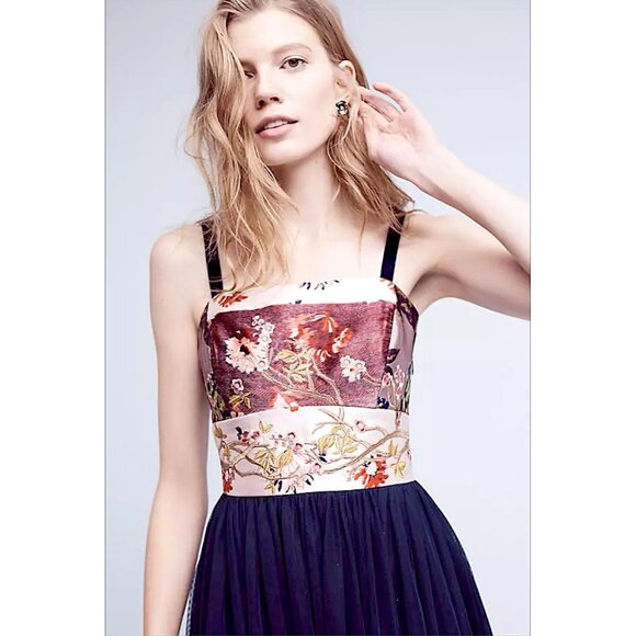Anthropologie Moulinette Soeurs Navy Tulle Skirted Floral Embroidered Dress 4P - Picture 2 of 7